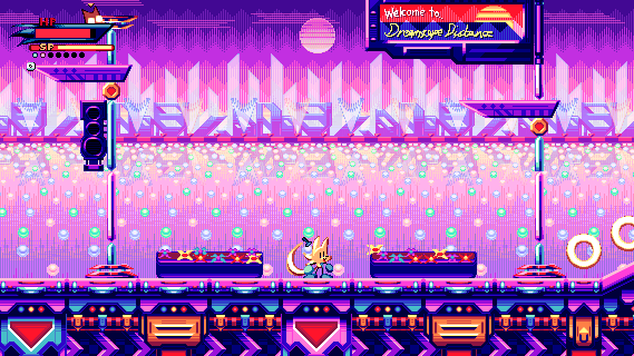 Dreamscape Distance - Section 1 from UNITRES Dreams. A vibrant pink, abstract city level with a lake full of lights surrounding the player...