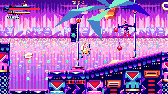 Dreamscape Distance - Section 1 from UNITRES Dreams. A vibrant pink, abstract city level with a lake full of lights surrounding the player...